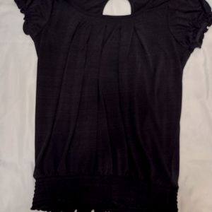 Women black fashion blouse, light pleat in front drop button in back